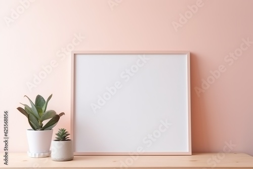 Home interior poster mock up with wooden frame and plant on light pink wall background. Modern home decor. Ready to use template