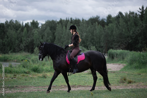 Equestrian sports. A young woman in the saddle, a rider and her horse outdoors, riding in the woods. © Ulia Koltyrina