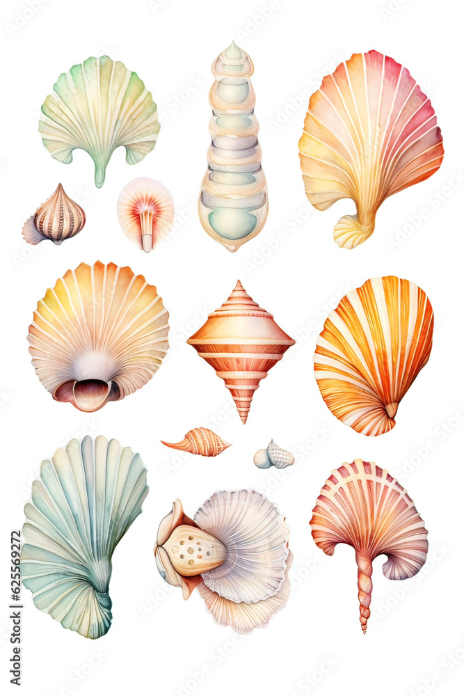 watercolor illustrations of various marine shells made with AI watercolor illustrations of various marine shells made with AI