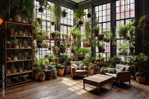 A space adorned with contemporary design, live potted plants, and unoccupied wooden frames.