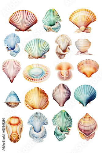 watercolor illustrations of various marine shells made with AI