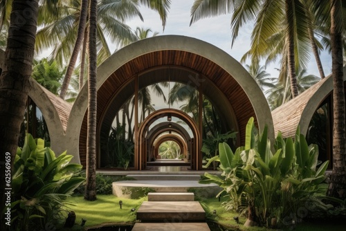 Vacation villa encircled by palm trees.