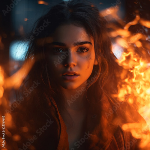 Young woman standing inside a fire © Jason