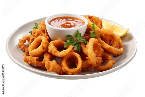 Delectable Plate of Fried Calamari Isolated on Transparent Background. Generative AI