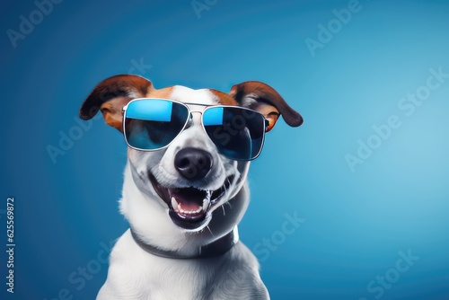 jack russell dog portrait wearing sunglasses on blue background