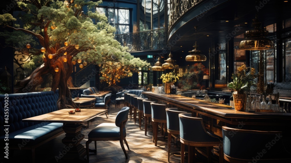 Elegant cafe, dark background, earthy colours. Generative AI