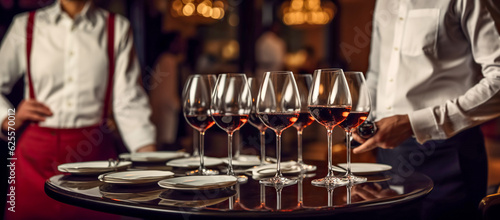 Waiters from catering service with wine glasses on the event. Buffet table celebration of wine tasting. Nightlife, celebration and entertainment concept.  wide banner format, digital ai
