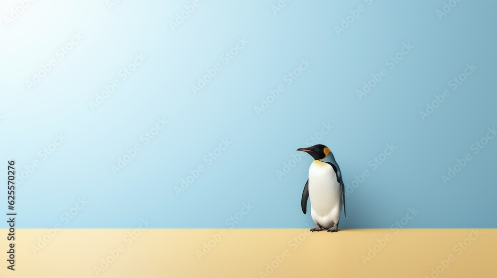 Fototapeta premium Penguin standing in front of a blue background with text space can use for advertising, ads, branding