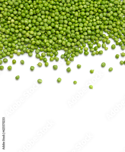 Fresh green peas are scattered on a white background, top view, copy space.