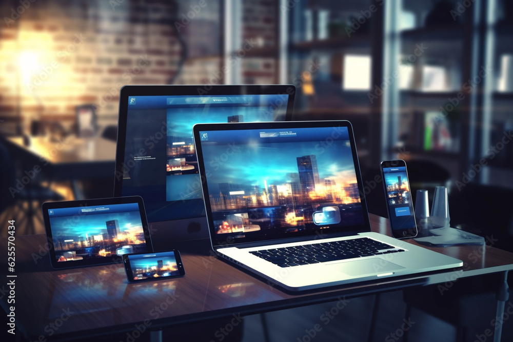 Modern digital devices on table in office with city view. 3D Rendering Modern digital devices on table in office with city view. 3D Rendering