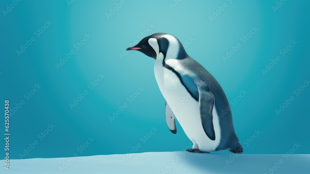 Penguin standing in front of a blue background with text space can use for advertising, ads, branding Penguin standing in front of a blue background with text space can use for advertising, ads, branding