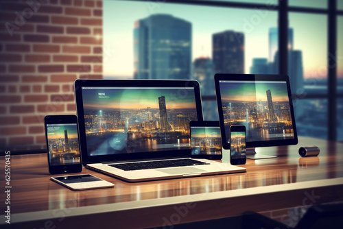 Modern digital devices on table in office with city view. 3D Rendering