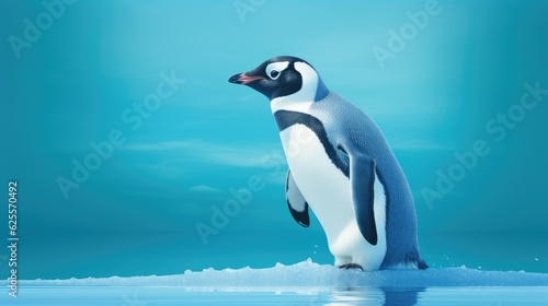 Penguin standing in front of a blue background with text space can use for advertising  ads  branding