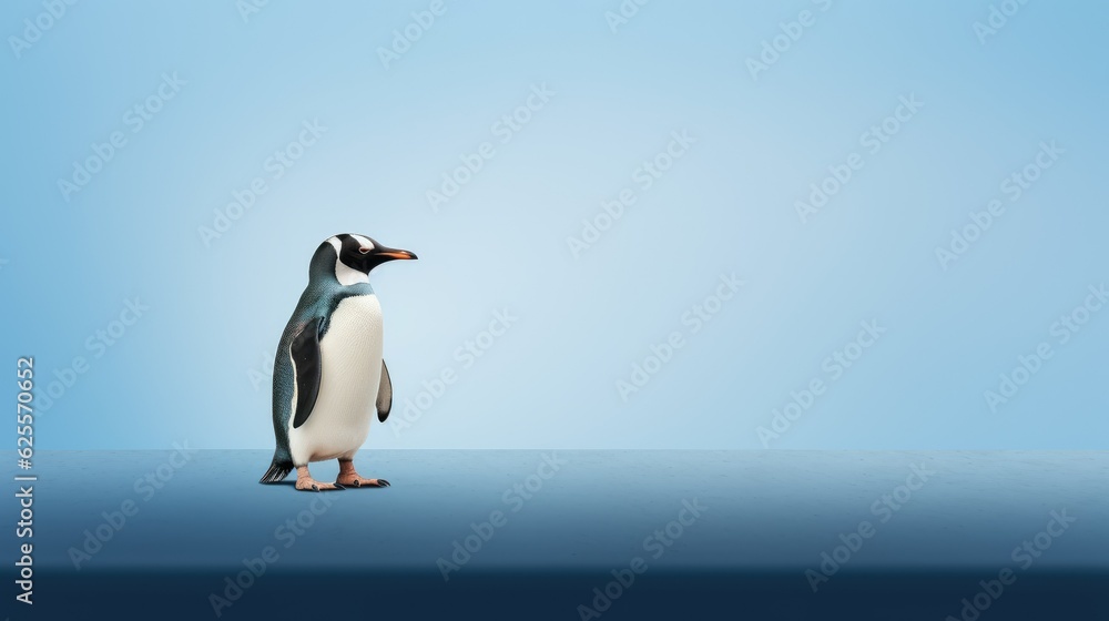 Obraz premium Penguin standing in front of a blue background with text space can use for advertising, ads, branding