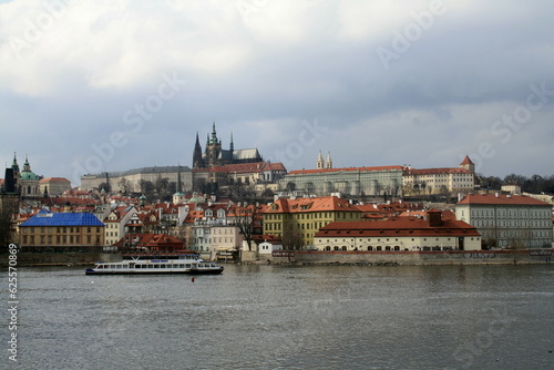 Prague, Czech Republic - 04.01.2013. Kafka Museum and other historical buildings on the left bank of the Vltava River