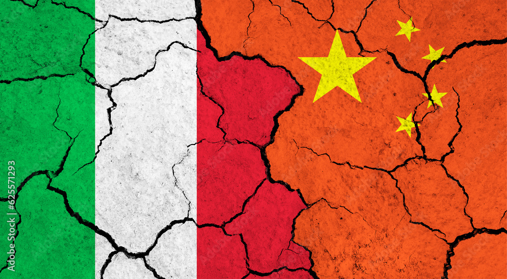 Flags of Italy and China on cracked surface - politics, relationship concept Flags of Italy and China on cracked surface - politics, relationship concept