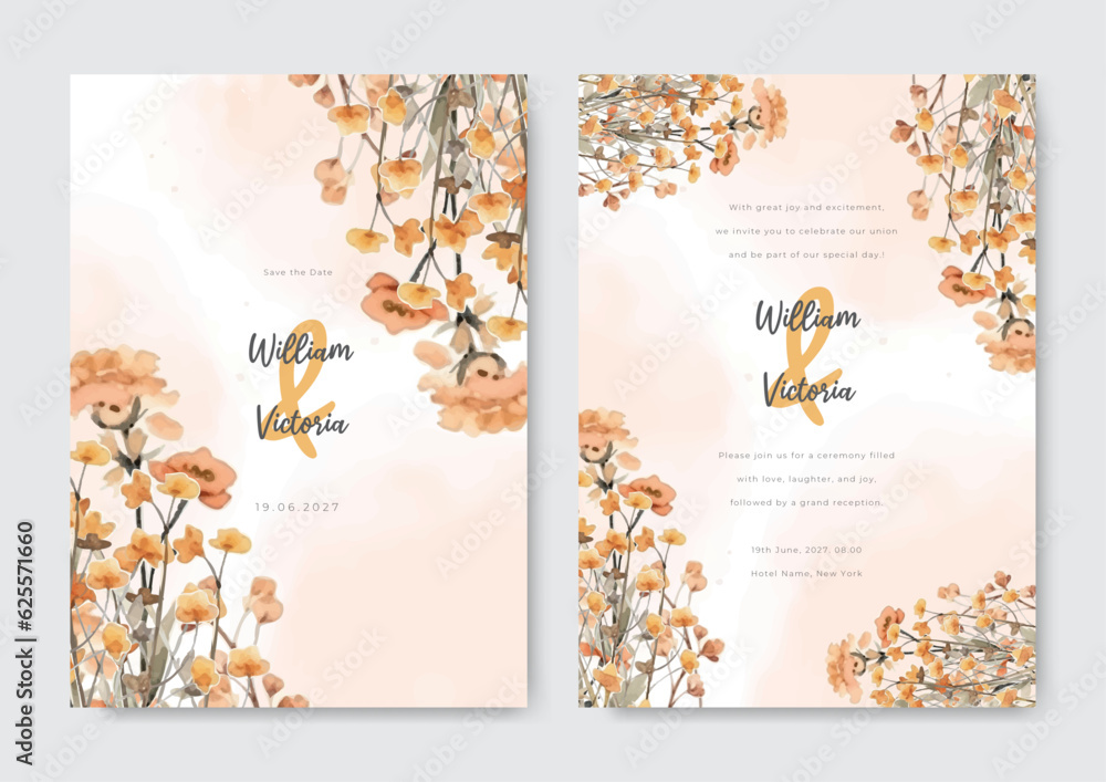 Elegant watercolor orange daisy floral wedding invitation card set. Beautiful invitation card template