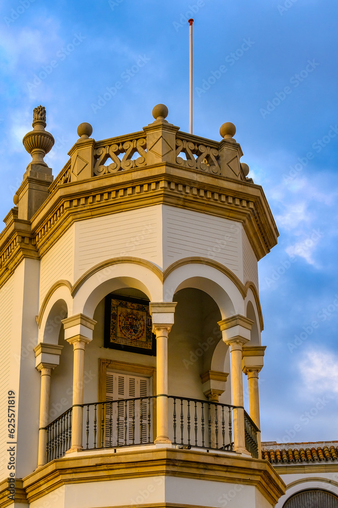 Fototapeta premium Pentagonal shaped balcony with railing in building exterior, Seville, Spain