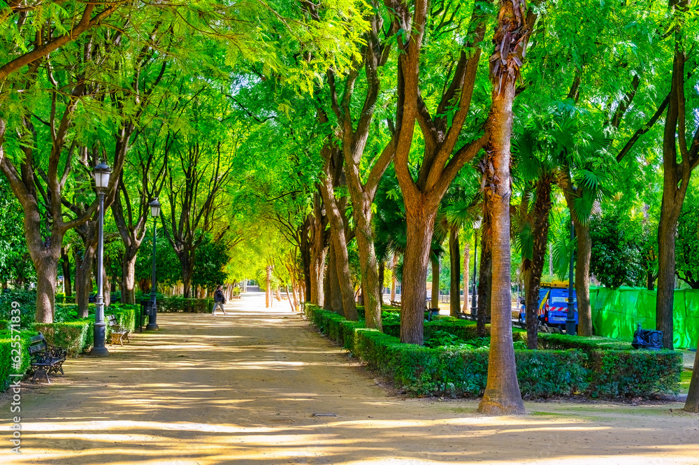 Formal garden at the entrance of Plaza de Espana, Seville, Spain