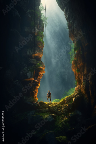 Adventurer Gazing into the Breathtaking Abyss from Cliff Crevice AI generated