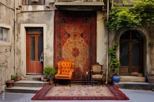 A vibrant Turkish carpet adorns the cozy streets of a home.