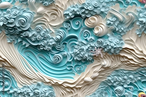Vibrant Generative AI: 3D Ocean Scene with Abstract Organic Shapes, Sand, Shells, and Cyan Waters Generative AI