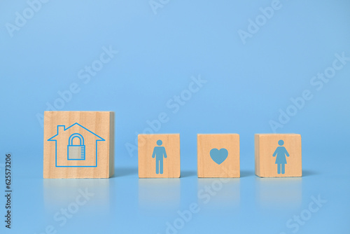 Padlock on house and family icons for security and safety service, Access to welfare health, People with health care, Health insurance, Family life insurance, Medical care insurance and assurance