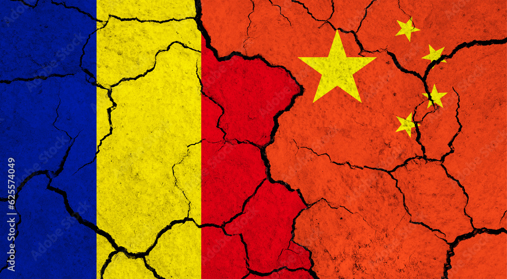 Flags of Romania and China on cracked surface - politics, relationship concept Flags of Romania and China on cracked surface - politics, relationship concept