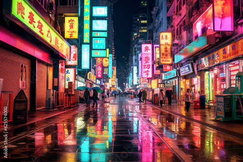 Futuristic Unidentified people walking on the street in Hong Kong at night.