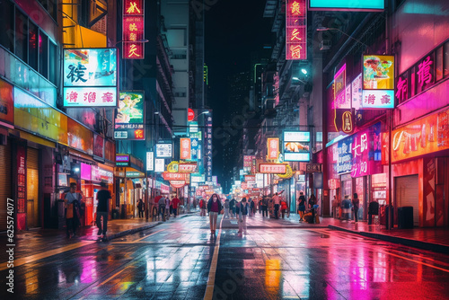 Futuristic Unidentified people walking on the street in Hong Kong at night.