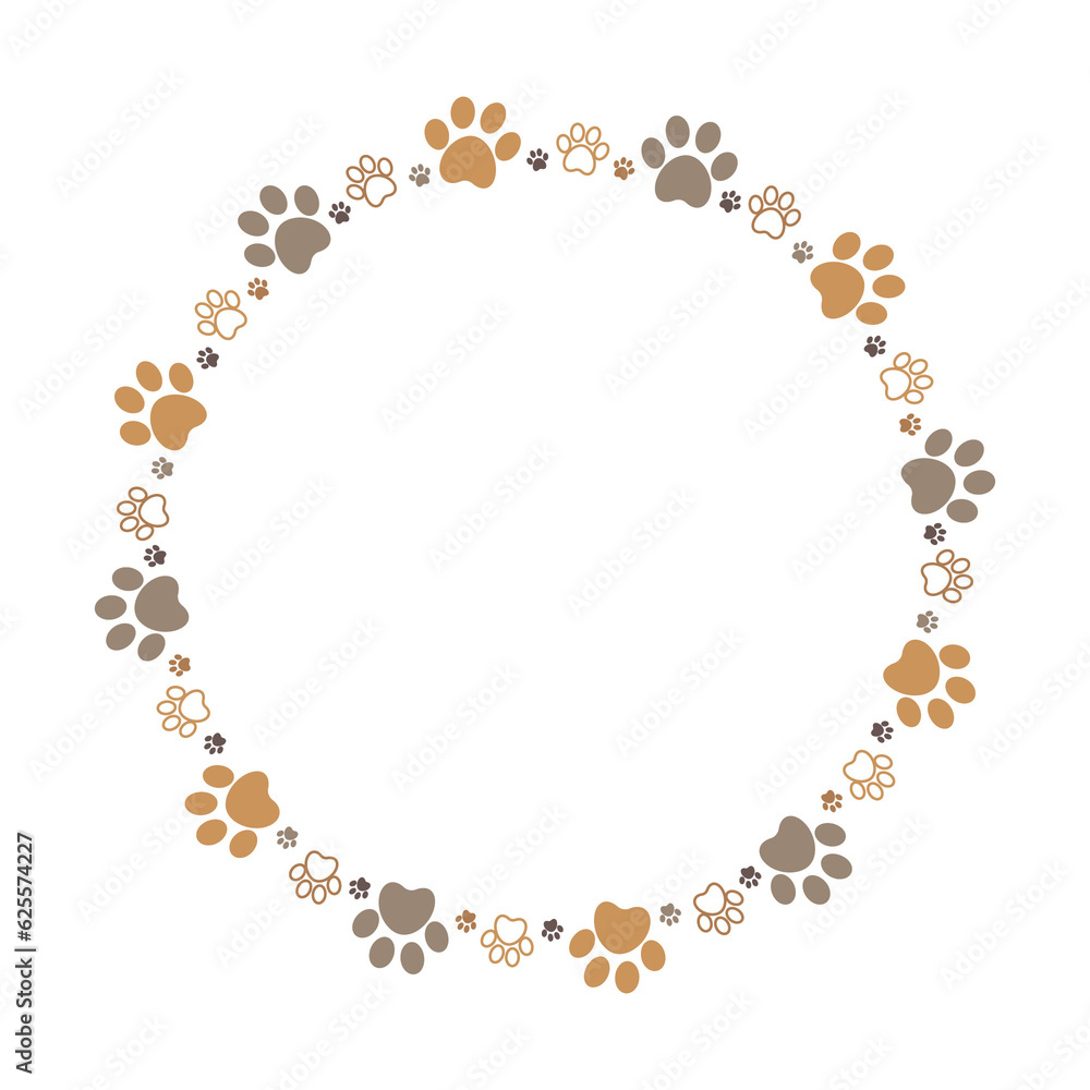 Fototapeta premium Brown paw circle frame with dog animal footprints
