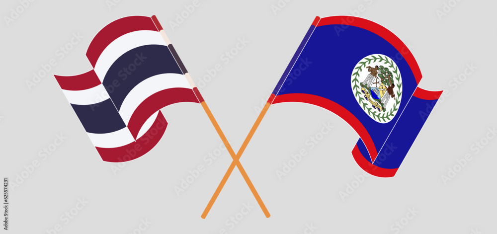 Crossed and waving flags of Thailand and Belize Crossed and waving flags of Thailand and Belize