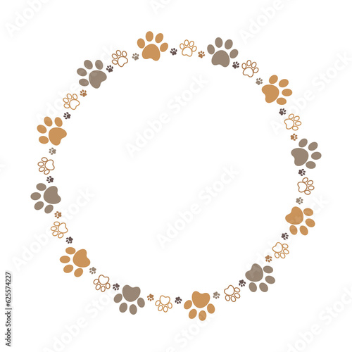 Brown paw circle frame with dog animal footprints