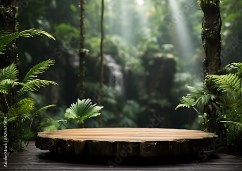 Wooden base podium with blurred rainforest monsoon background 