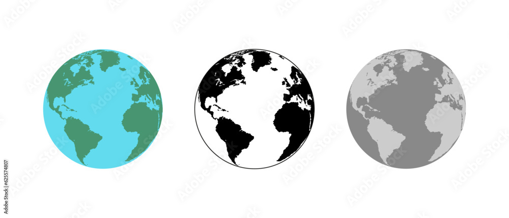 Earth Globe in different designs. World Map in circle. Earth Globes collection. World Map in modern simple styles. Earth Map, isolated on white background. Globes web icon. Vector illustration Earth Globe in different designs. World Map in circle. Earth Globes collection. World Map in modern simple styles. Earth Map, isolated on white background. Globes web icon. Vector illustration
