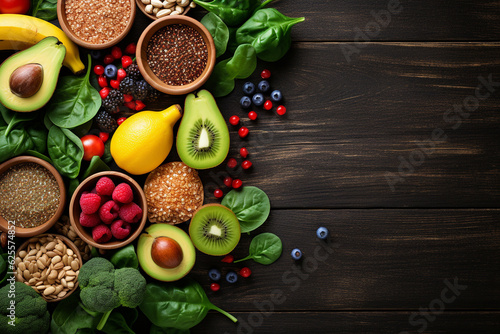 Healthy food clean eating selection, fruit, vegetable, seeds, superfood, cereal, leaf vegetable on wooden background, copy space top view.