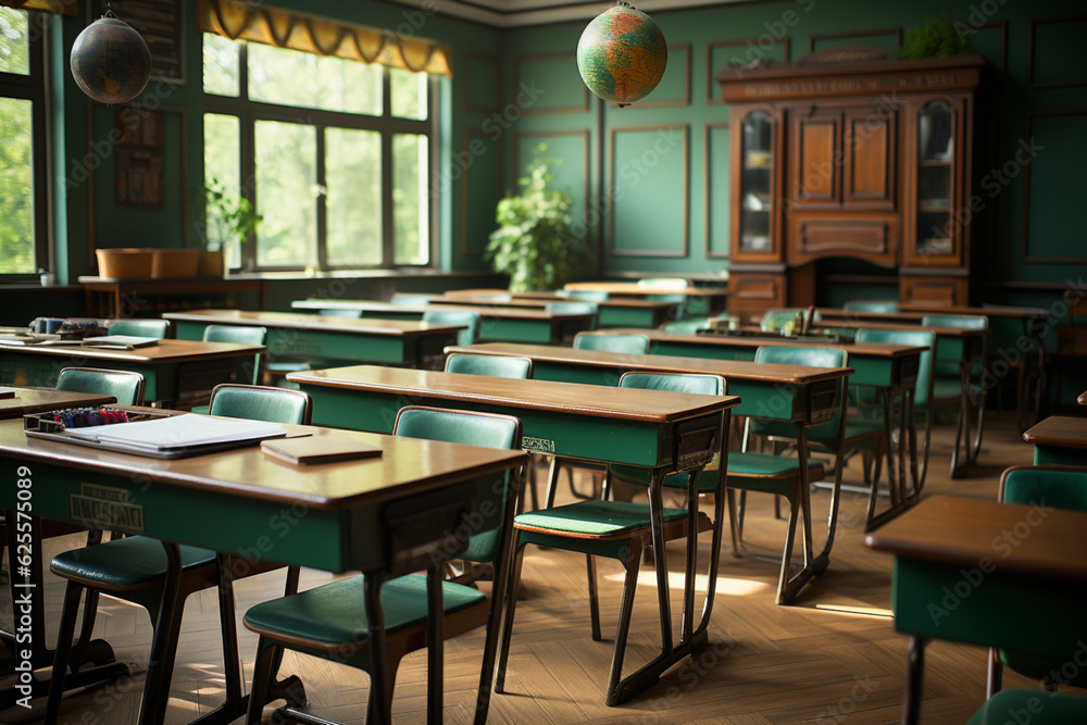 Obraz premium Photo classroom interior with school desks chairs and green board empty school classroom
