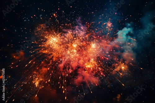 Vibrant fireworks explode in the sky in night colourful realistic