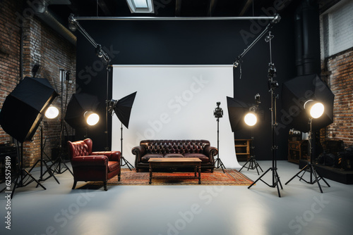 Photo studio with lighting equipment and a couch 