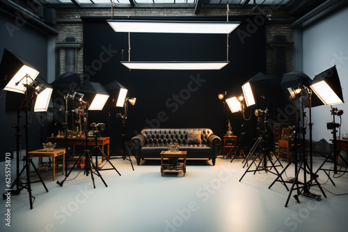 Photo studio with lighting equipment and a couch 