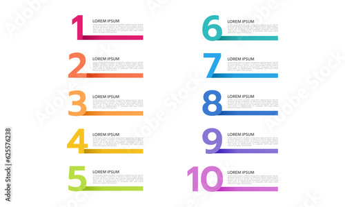 Ten colorful numbers with a place for text. Infographic labels number template. Vector illustration.