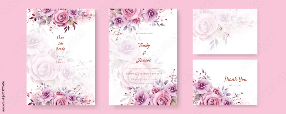 Pink wedding invitation template with floral frame Premium Vector