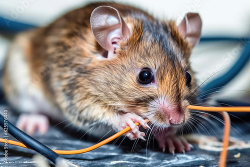 Fototapeta Pest Infestation: Mouse Damaging Electrical Wires - Generative AI