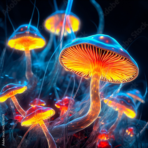 Magic psychedelic mushrooms in a fantasy forest with a neon glow © ni