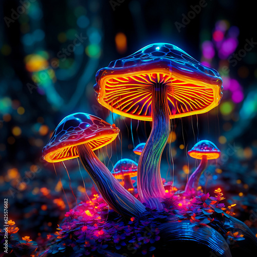 Magic psychedelic mushrooms in a fantasy forest with a neon glow