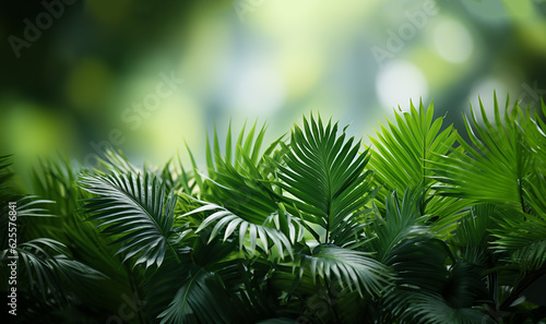 Palm leaves background with copy space. Adventure nature background of green forest, tropical forest in green filter, concept of ecology and destination progress, freedom journey lifestyle 