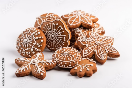 Home made Christmas gingerbread cookies on white background. generative AI.