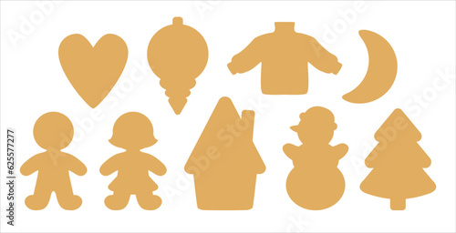 Christmas symbols icon set. Simple silhouettes of holiday objects: gingerbread man, woman, snowman, christmas tree, Xmas ornament, sweater, cute house. Sugar cookie cutter shapes or tag label die cut.