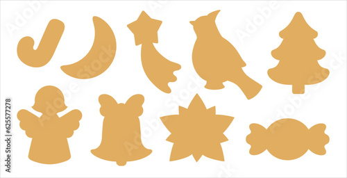 Christmas symbols icon set. Simple silhouettes of Xmas objects - shooting star, spruce tree, poinsettia, candy cane, angel, cardinal bird. Sugar cookie cutter shapes or tag label die cutting template.