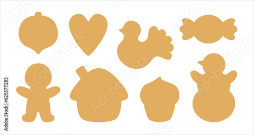 Christmas icon set. Simple patterns of Christmas symbols. Gift tag cut shape label die cutting silhouette template. Xmas sugar cookie cutter shapes. Gingerbread man, house, snowman. 